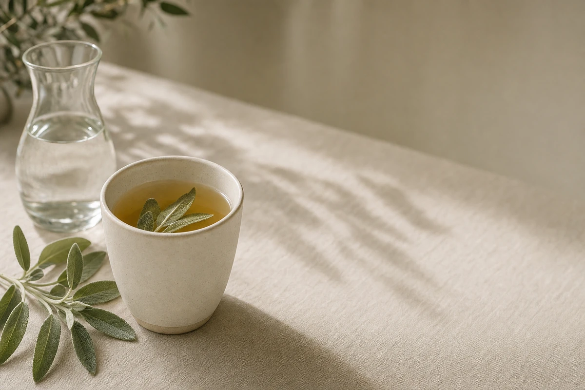 Tasse Salbeitee mit frischen Salbeibl&auml;ttern und einer Karaffe Wasser auf Leinen