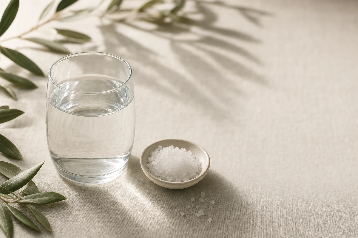 Glas Wasser mit einer Schale grobem Meersalz auf Leinen