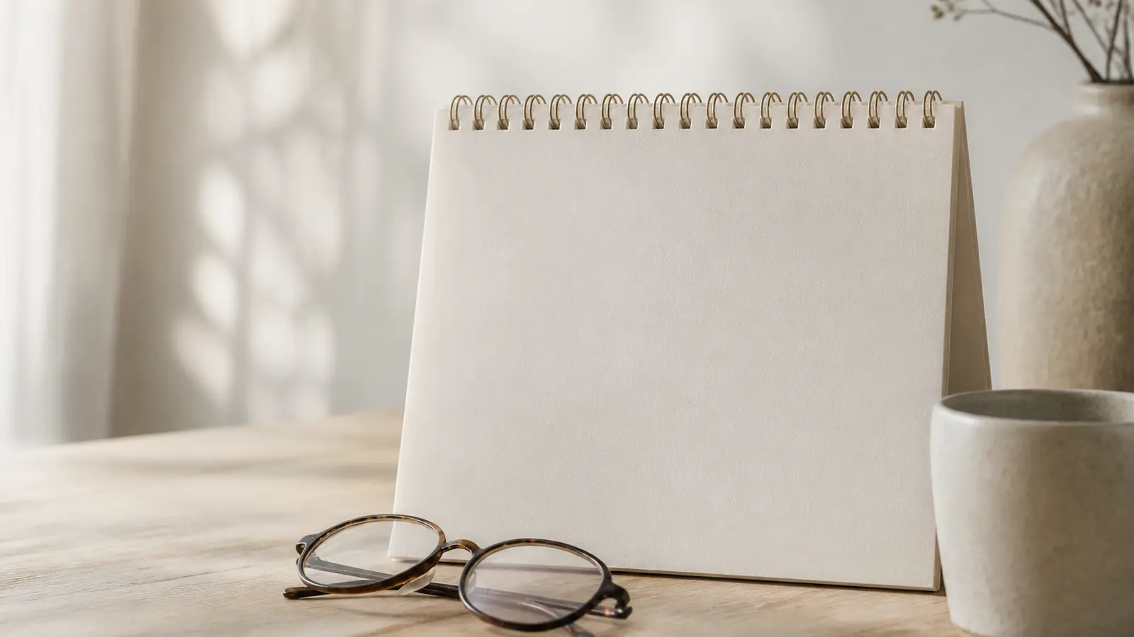 Ein Wandkalenderblatt und eine Lesebrille neben einer Tasse auf einem hellen Holztisch