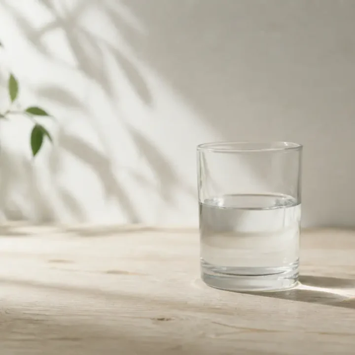 Ein einfaches Wasserglas halb gef&uuml;llt auf einem hellen Holztisch mit langem Morgenschatten