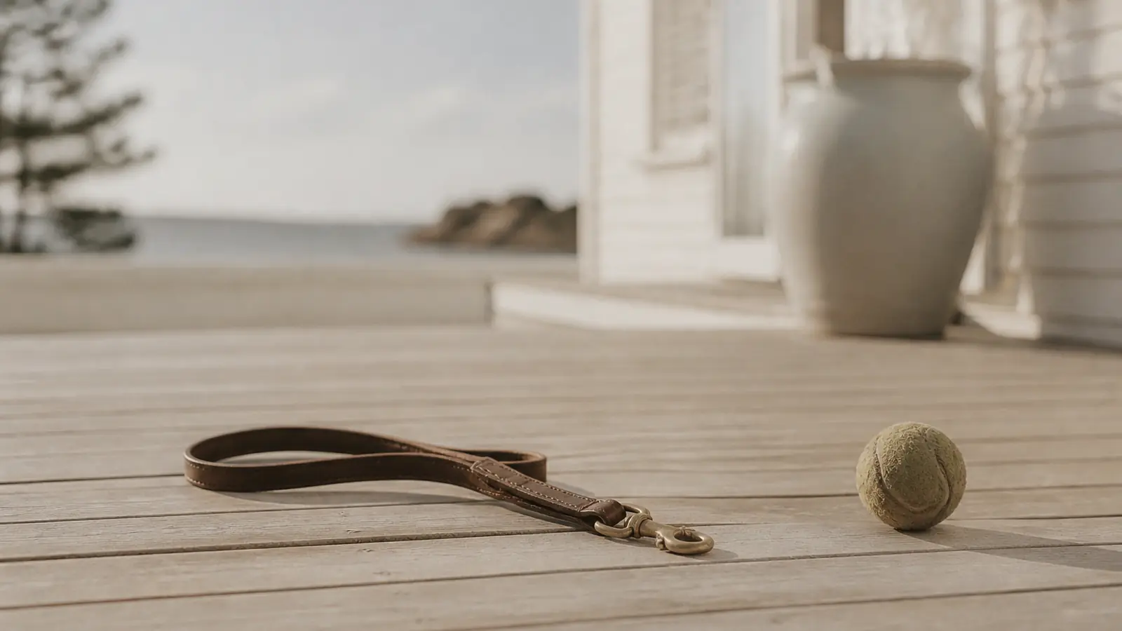 Eine leere Hundeleine und ein abgenutzter Tennisball auf den Holzdielen einer Ferienhausterrasse