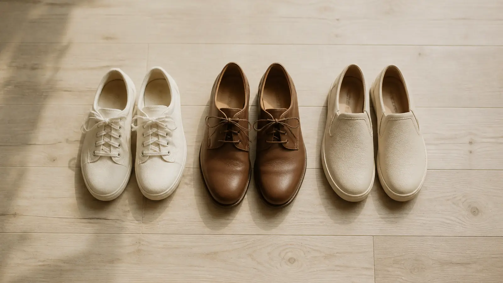 Drei Paar einfache Leder- und Stoffschuhe von oben auf einem hellen Holzboden