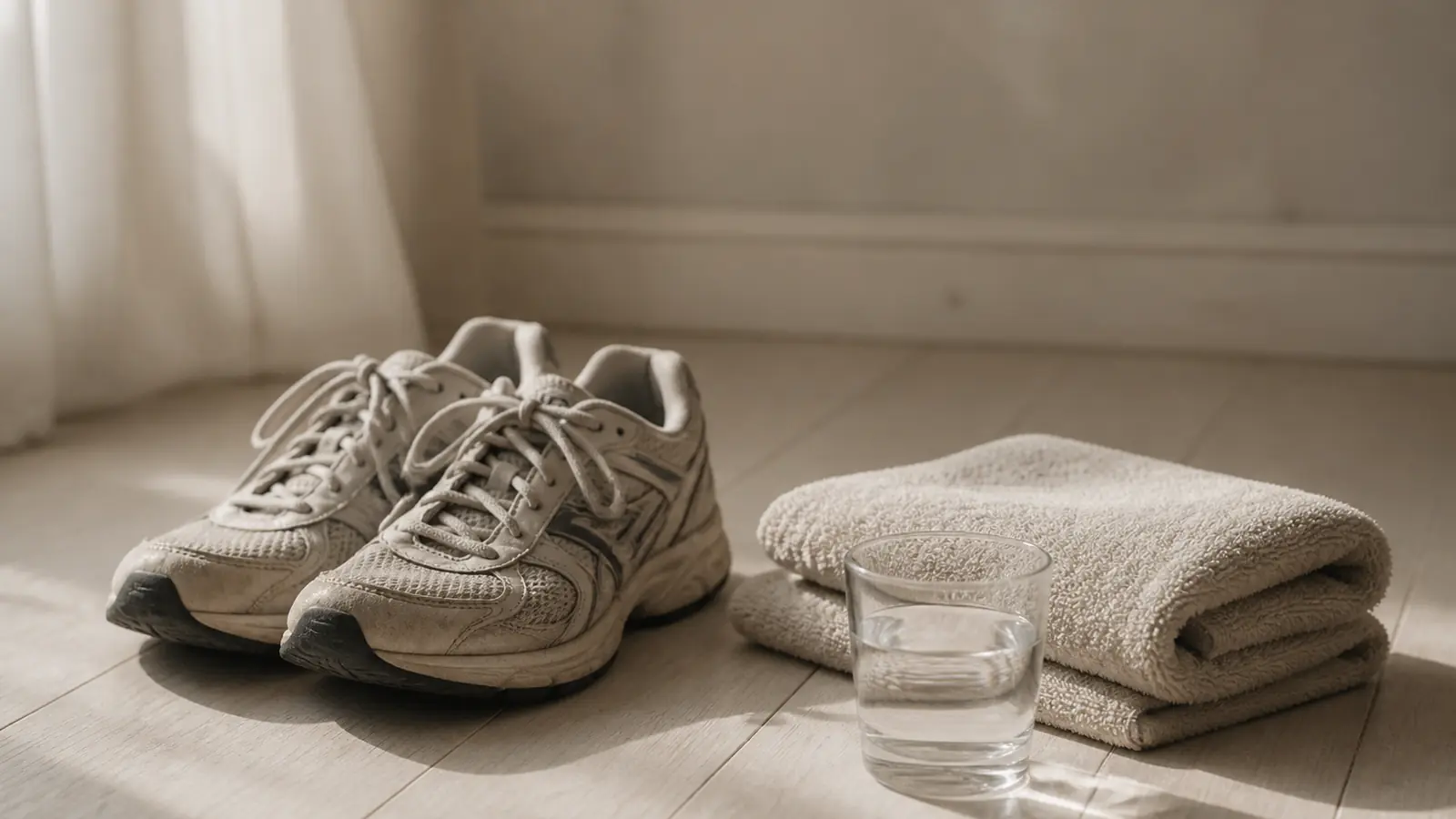 Ein Paar getragene Laufschuhe und ein gefaltetes Handtuch neben einem Glas Wasser auf Dielen