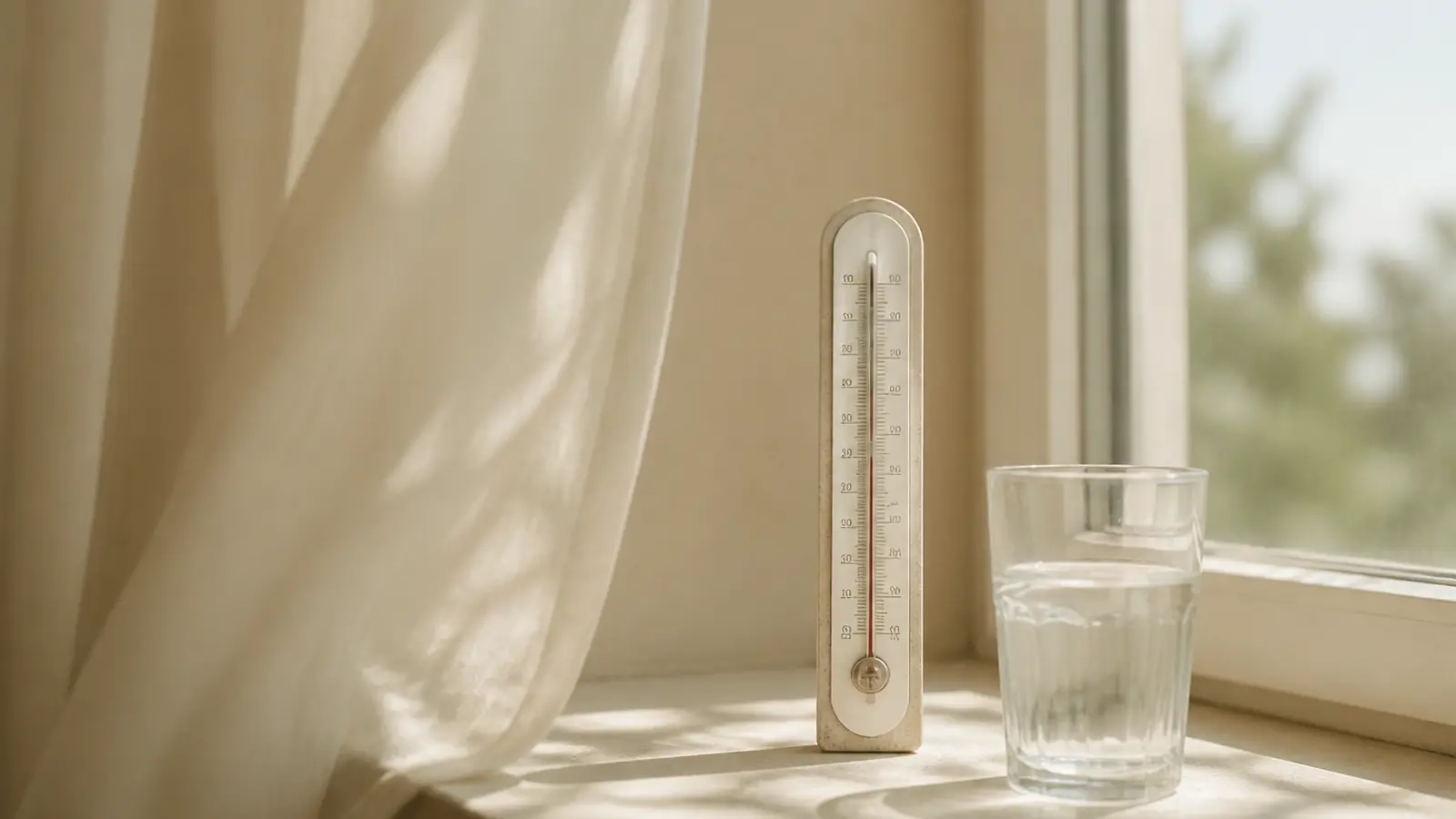 Ein Thermometer und ein Glas Wasser auf einer hellen Fensterbank an einem hei&szlig;en Sommertag