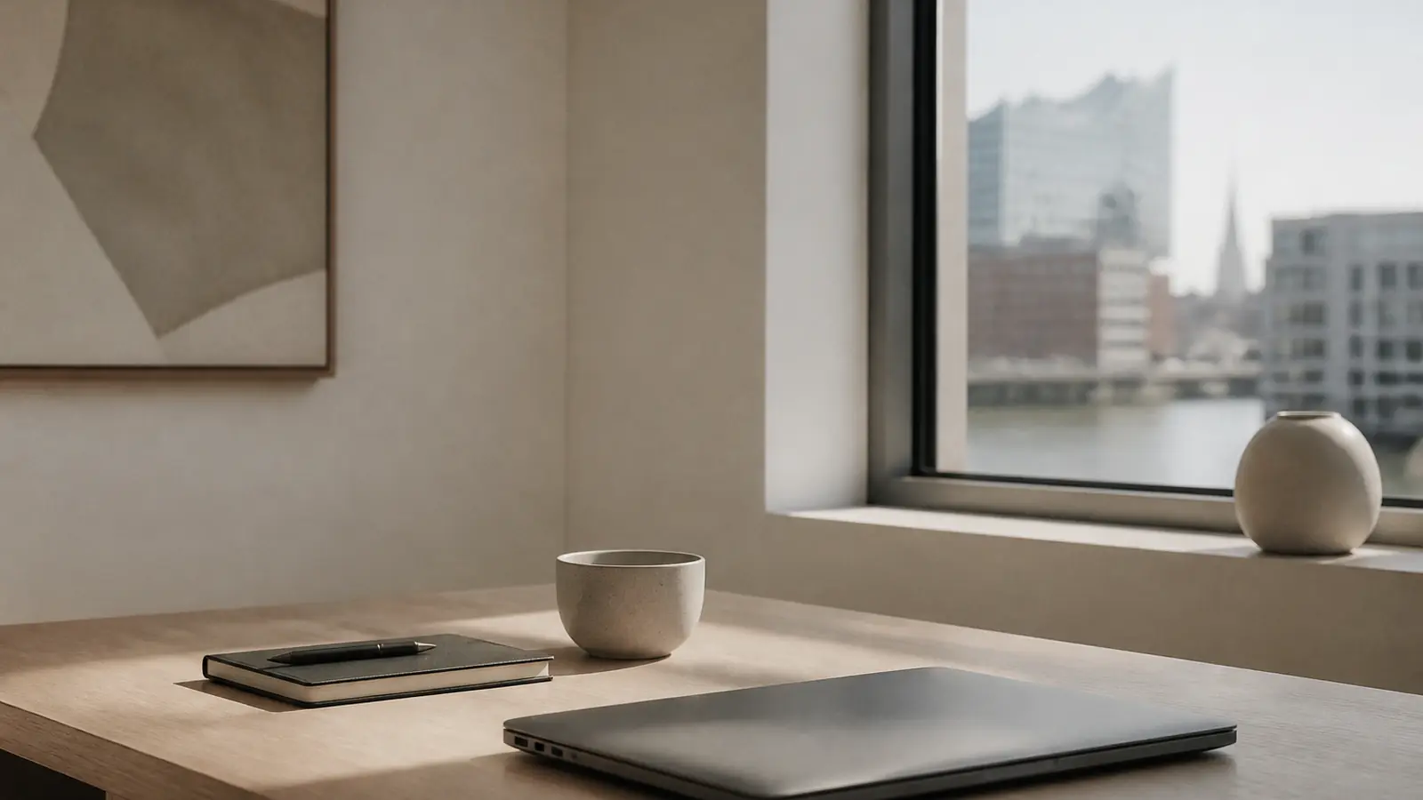 Eine ruhige Schreibtischecke in einem modernen Hamburger B&uuml;ro mit geschlossenem Laptop, Notizbuch und Tasse