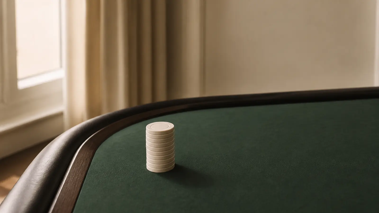 Die Ecke eines leeren Spieltisches mit gr&uuml;nem Filz und einem Stapel einfacher Jetons im Fensterlicht