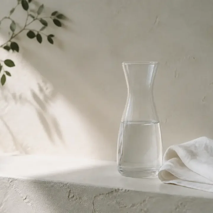 Eine Glaskaraffe mit Wasser und eine gefaltete weiße Leinenserviette auf einem hellen Putzregal