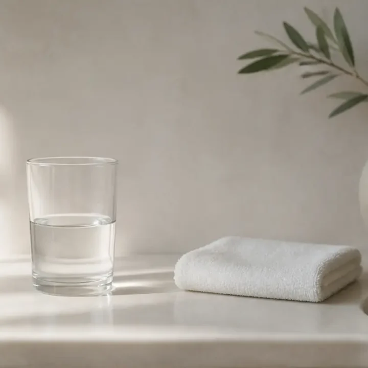 Ein Glas Wasser und ein kleines gefaltetes weißes Handtuch auf einem hellen Keramikwaschtisch