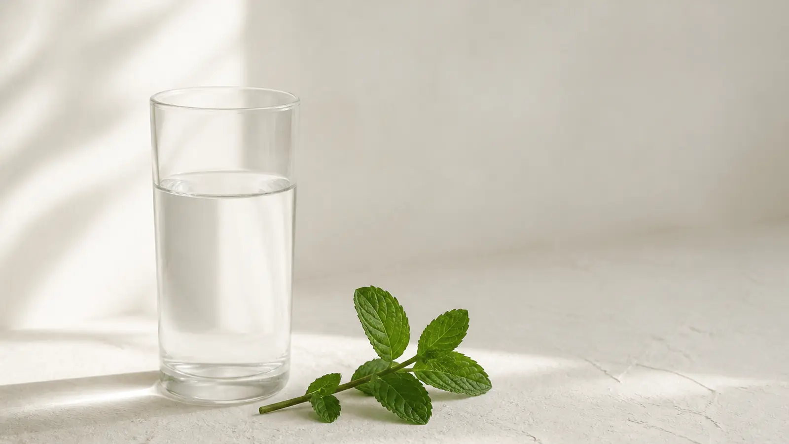 Ein hohes Glas stilles Wasser mit einem Zweig frischer Minze daneben
