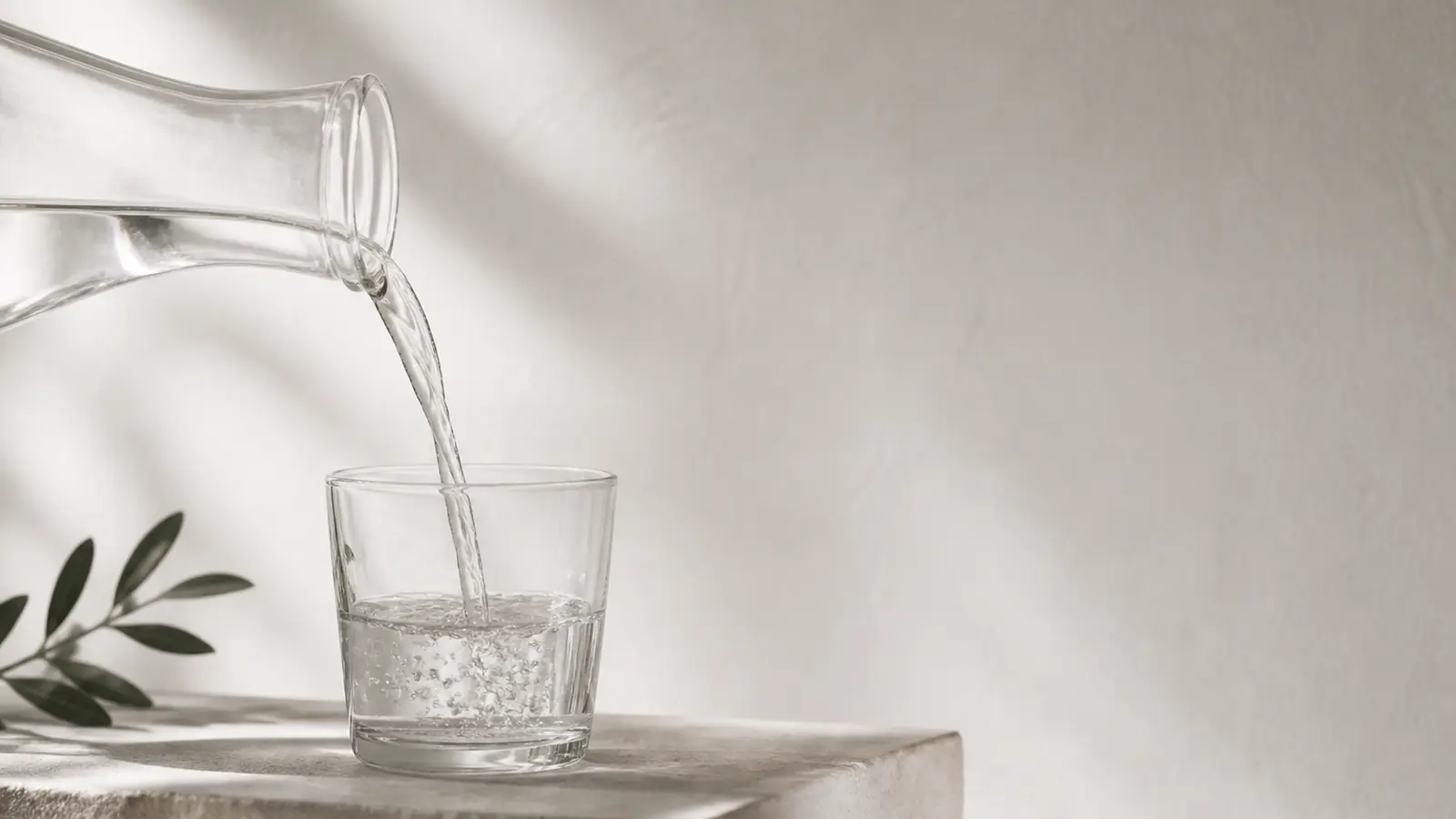 Wasser wird aus einer Glaskaraffe in ein klares Glas gegossen, der Strahl scharf gestellt