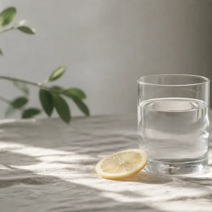 Ein Glas Wasser mit einer dünnen Zitronenscheibe daneben auf gewaschenem Leinen