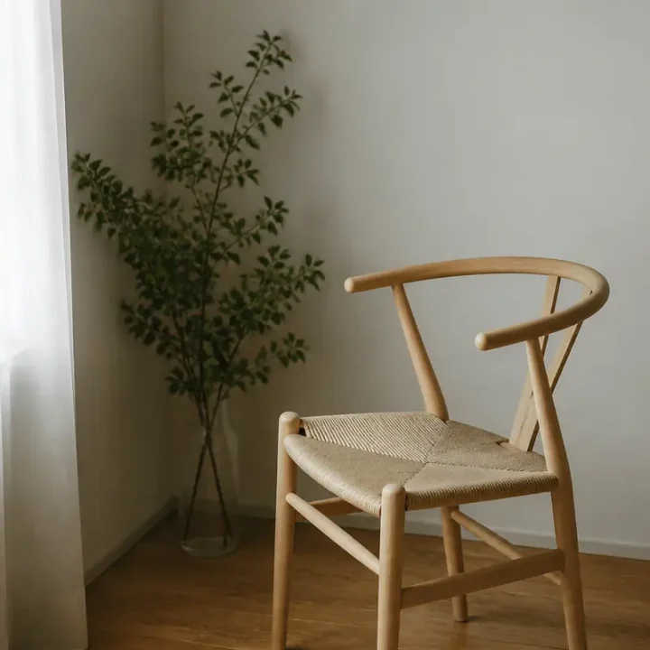 Ein leerer heller Holzstuhl an einem Fenster mit weißem Vorhang im diffusen Tageslicht