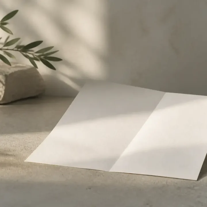 Ein Bogen schweres weißes Papier mit einer weichen diagonalen Falte im Streiflicht