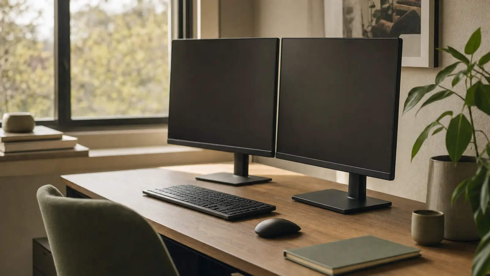 Schreibtisch mit zwei ausgeschalteten Monitoren, geschlossenem Notizbuch und Pflanze