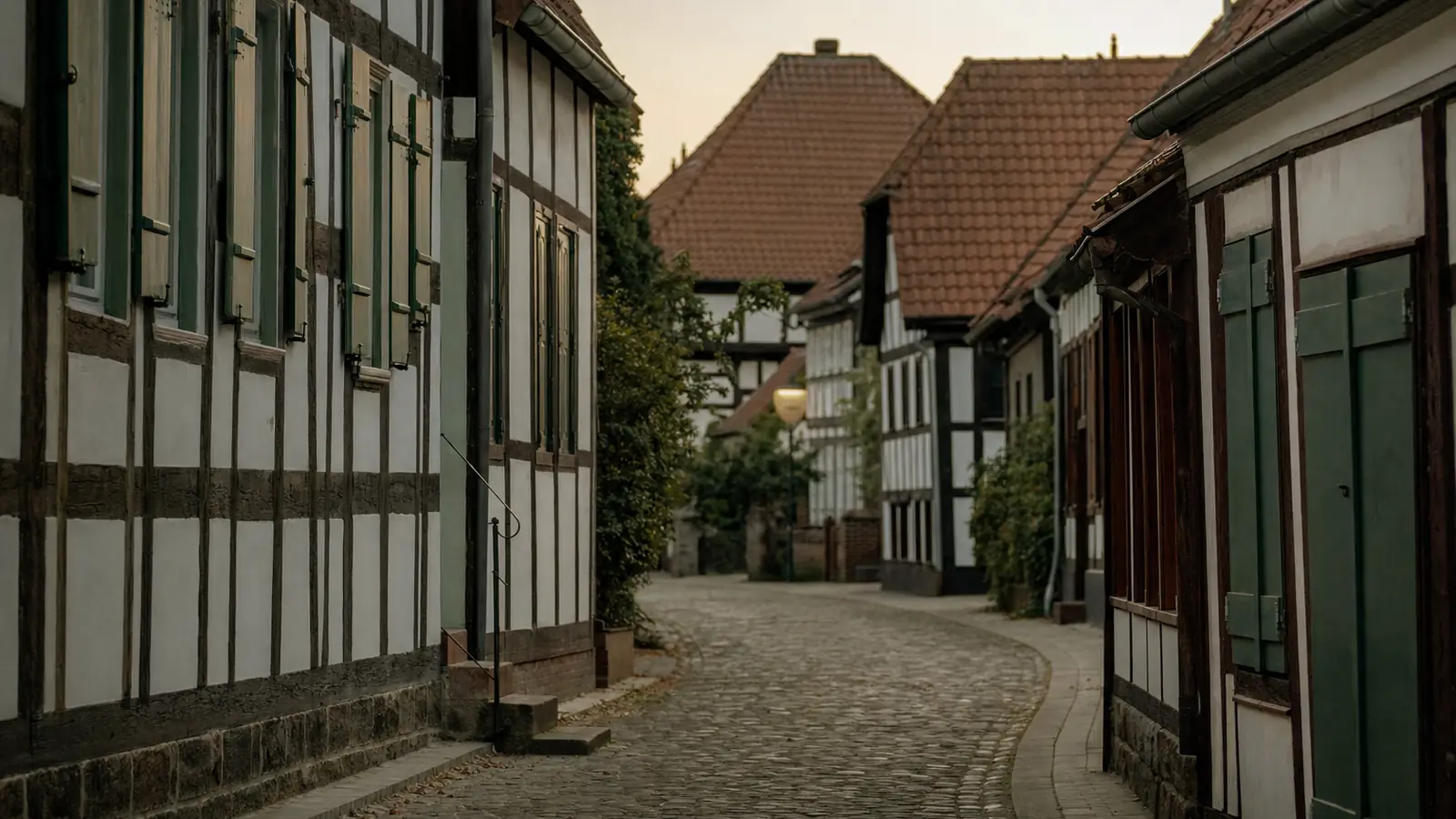Enge Fachwerkgasse mit Kopfsteinpflaster in einer norddeutschen Altstadt im Abendlicht