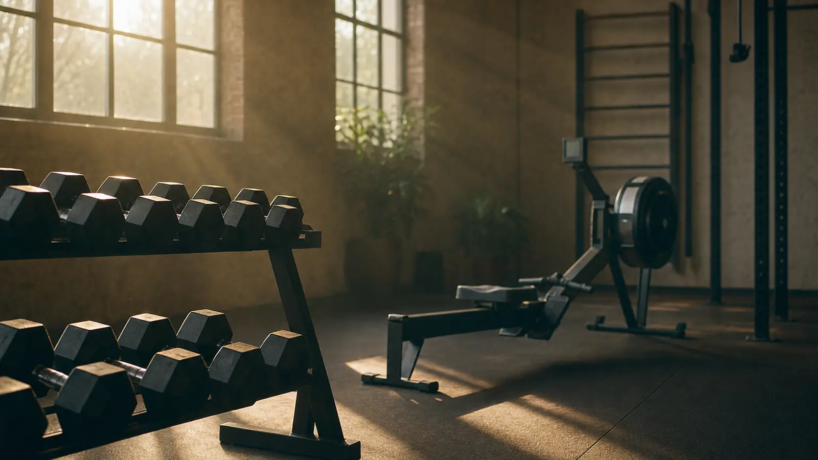 Leeres Fitnessstudio im Morgenlicht mit Hantelablage und Ruderger&auml;t
