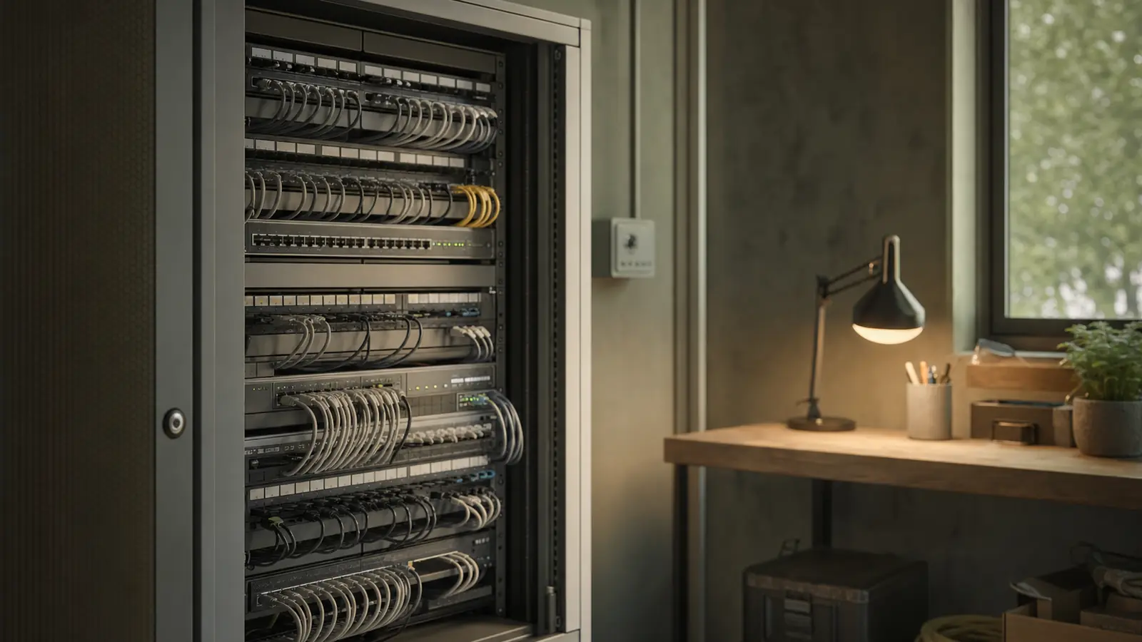 Aufger&auml;umter Netzwerkschrank mit Patchkabeln in einem kleinen Serverraum
