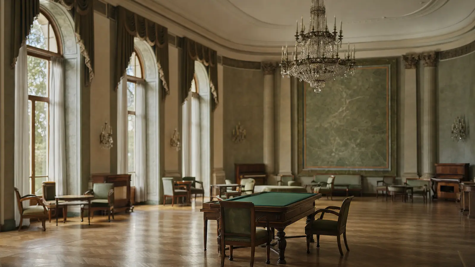 Historischer Kursaal mit Kronleuchter, Parkett und gr&uuml;nem Filztisch