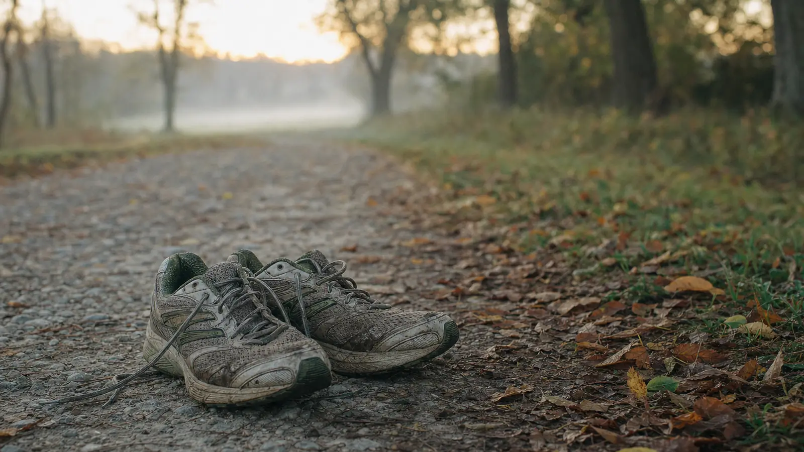 Getragene Laufschuhe auf einem Kiesweg im Park bei Sonnenaufgang