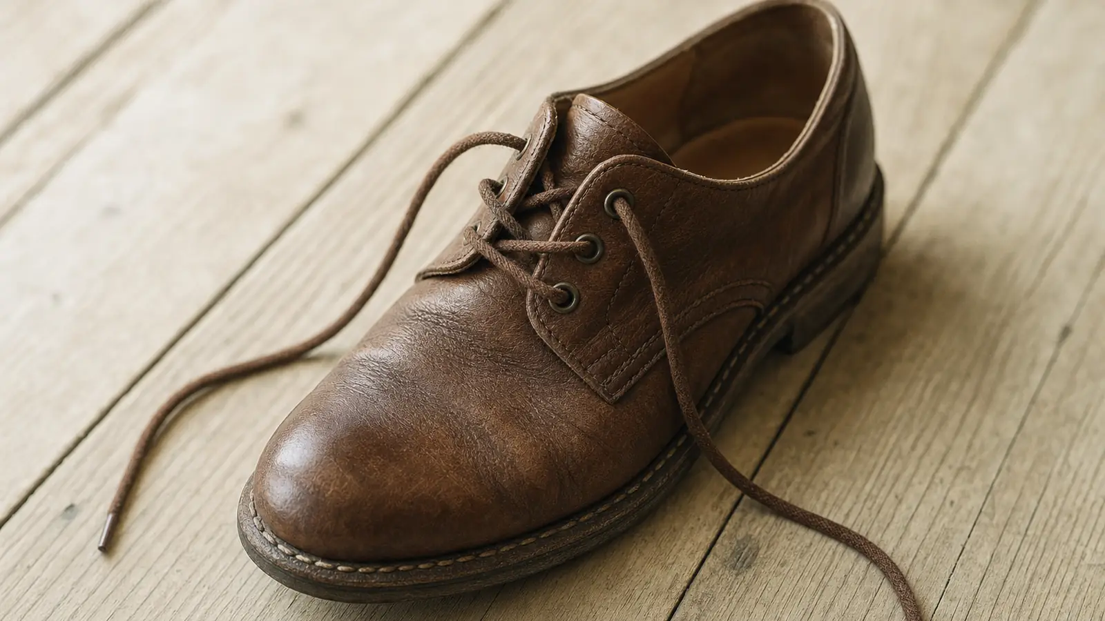 Einzelner brauner Lederschuh mit offenen Schn&uuml;rsenkeln auf hellem Holzboden