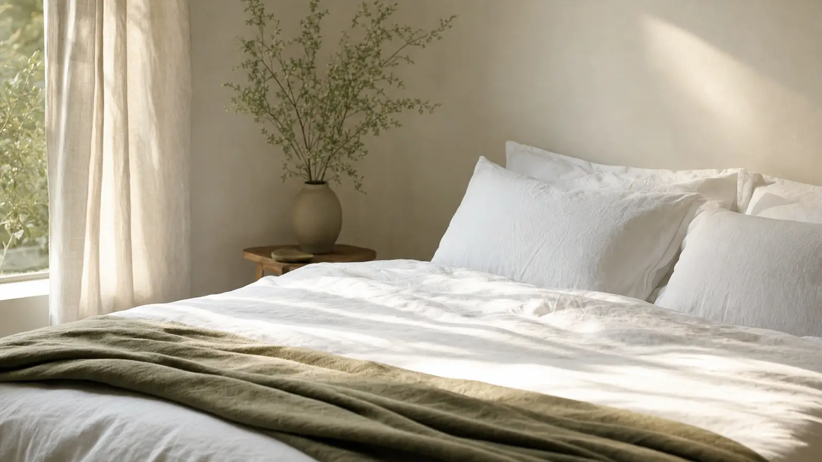 Frisch bezogenes Bett mit wei&szlig;er Bettw&auml;sche in einem hellen Schlafzimmer