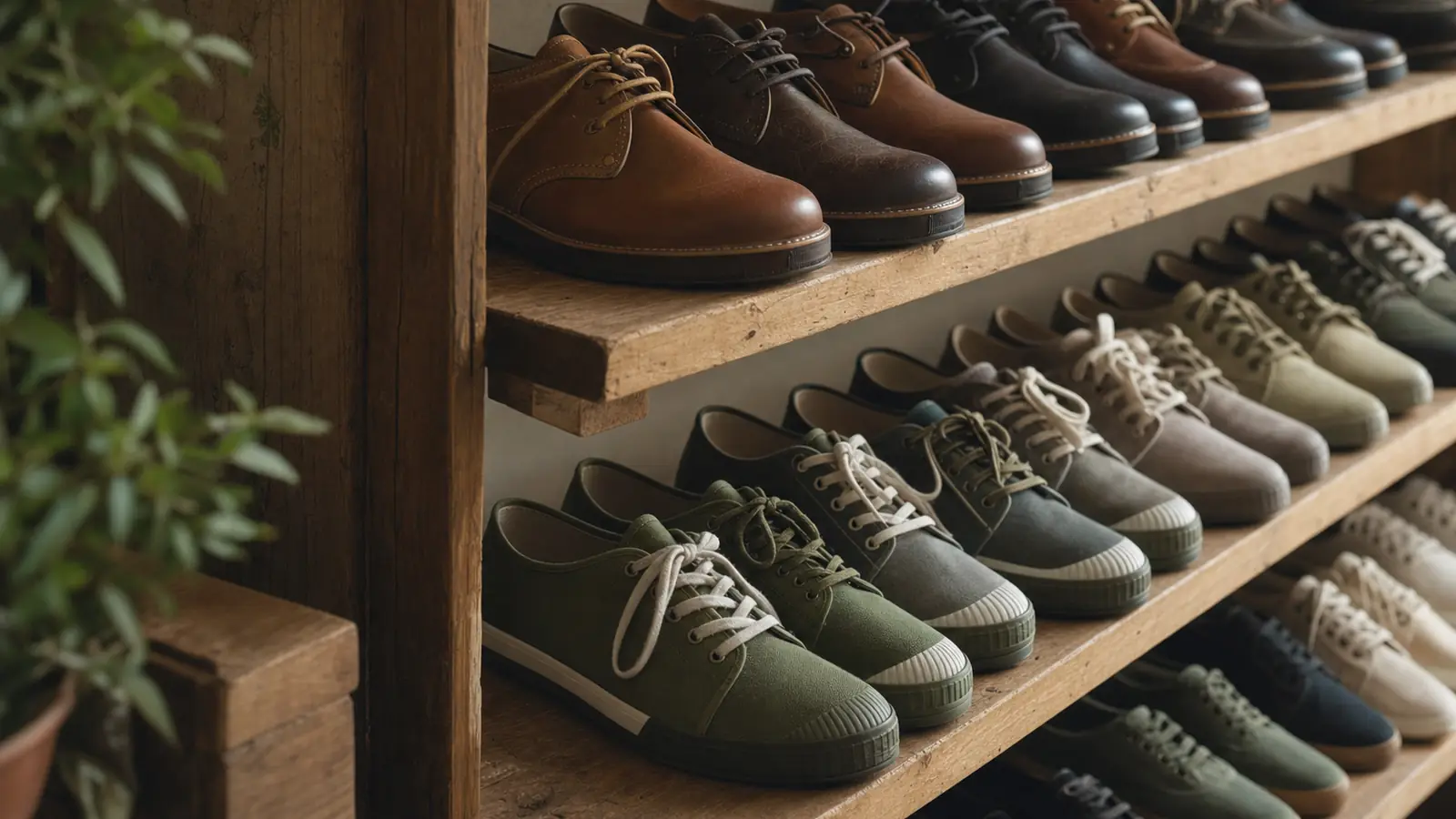 Schuhregal mit ordentlich aufgereihten Leder- und Stoffschuhen