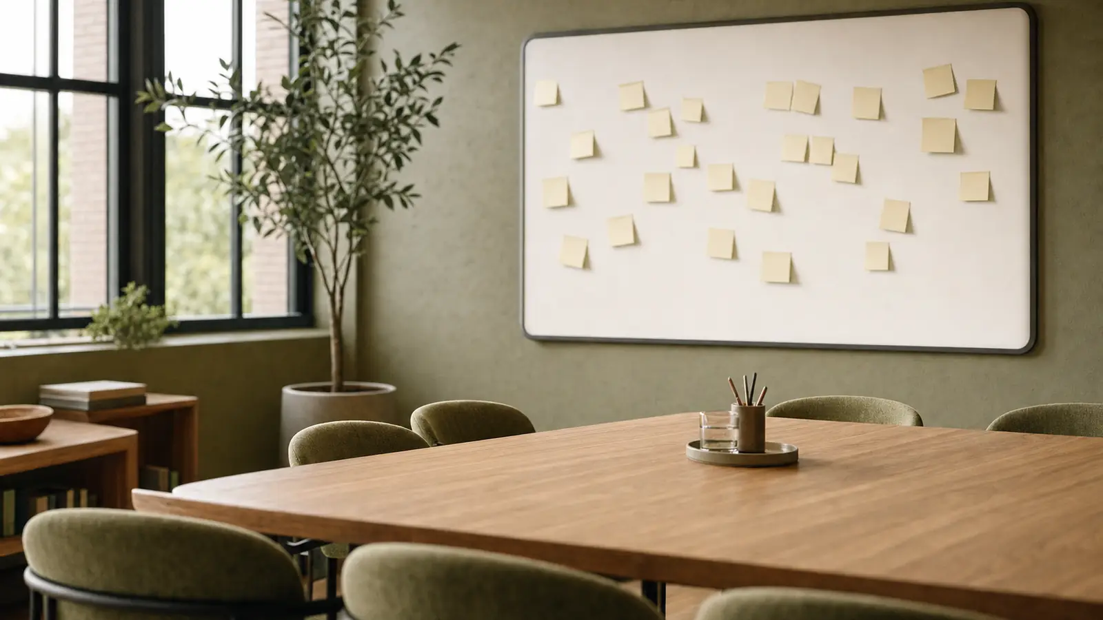 Leerer Besprechungsraum mit Whiteboard und unbeschrifteten Haftnotizen
