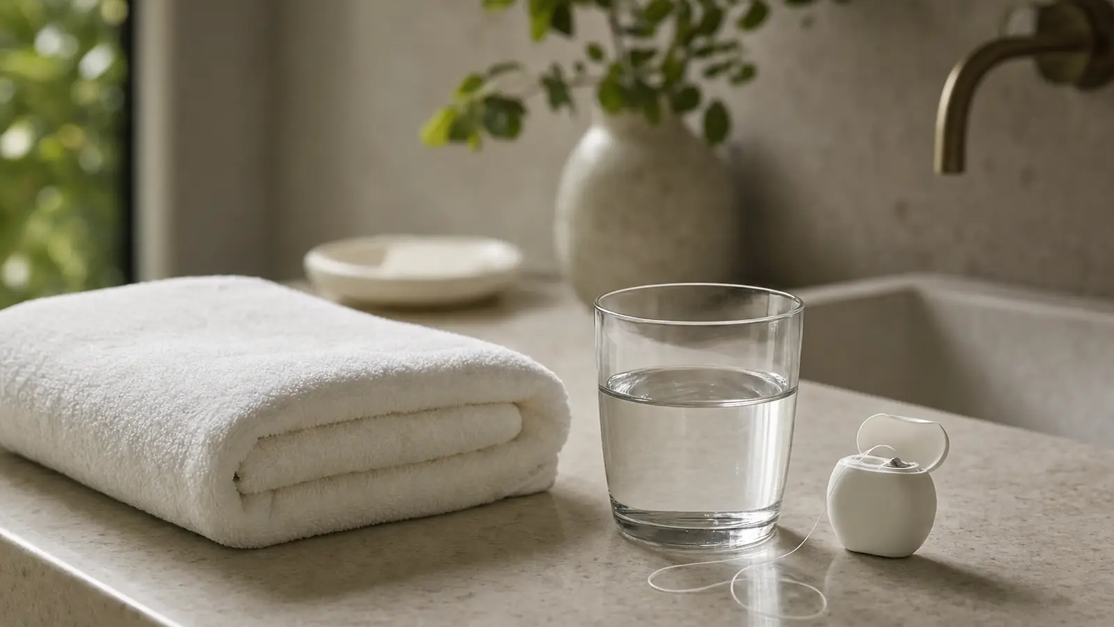 Gefaltetes wei&szlig;es Handtuch, ein Glas Wasser und Zahnseide auf hellem Stein