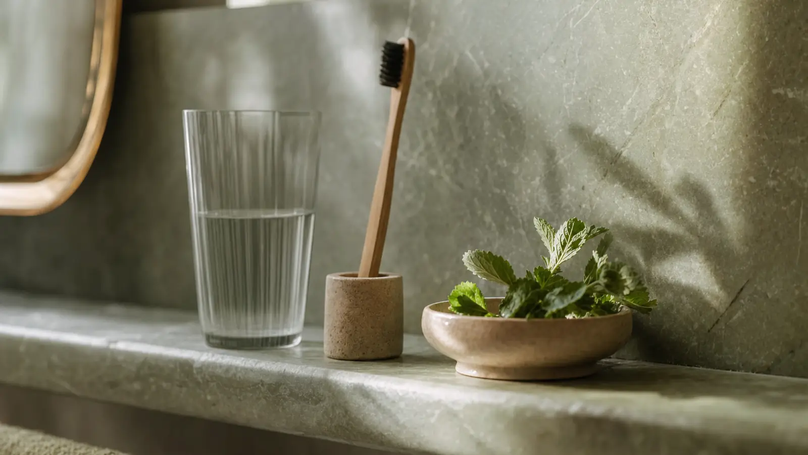 Badezimmerablage mit Glas, Holzzahnb&uuml;rste und einer Schale Minzbl&auml;tter