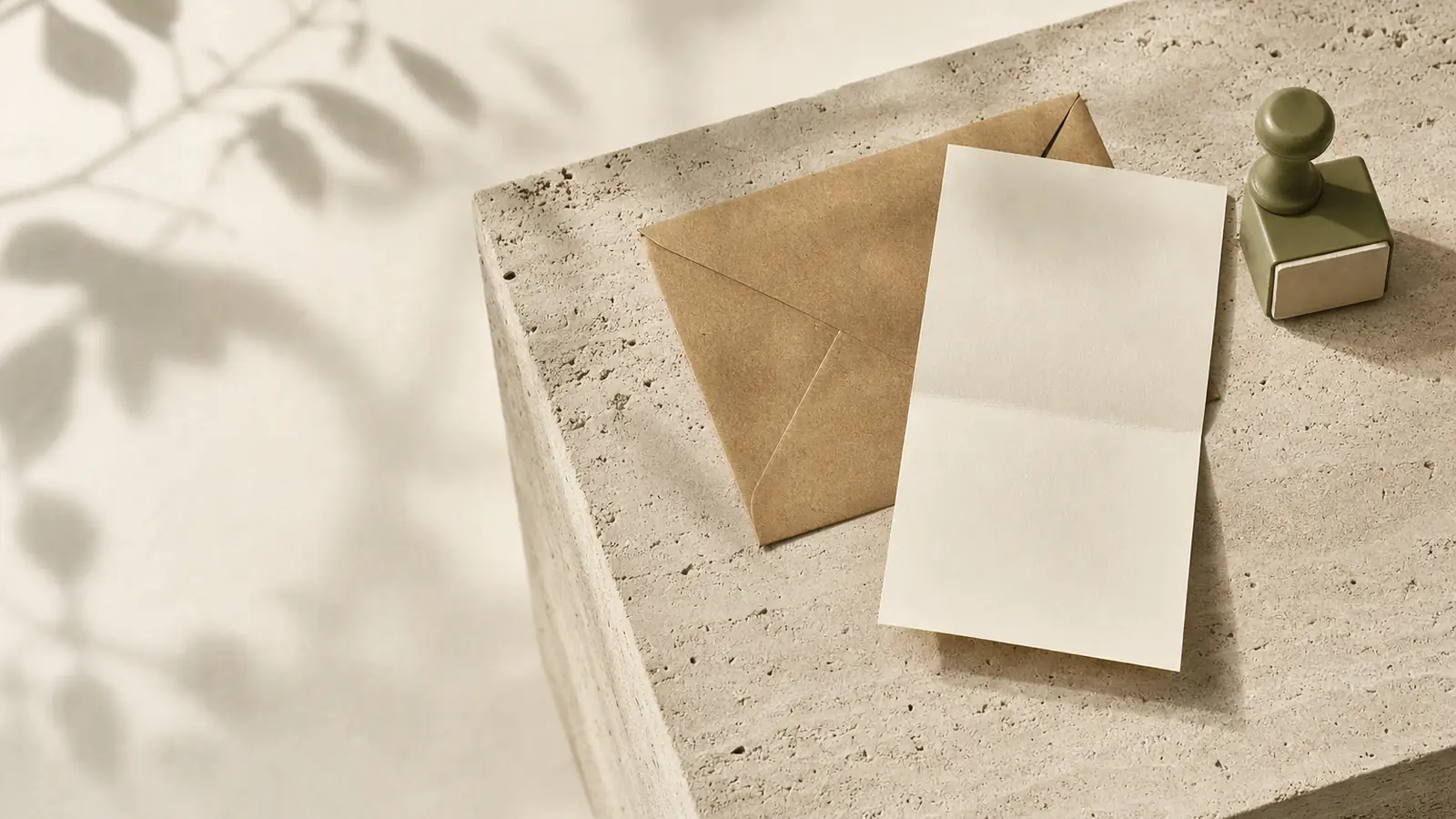 Gefaltetes cremefarbenes Papier, ein Kraftpapierumschlag und ein olivgr&uuml;ner Stempel
