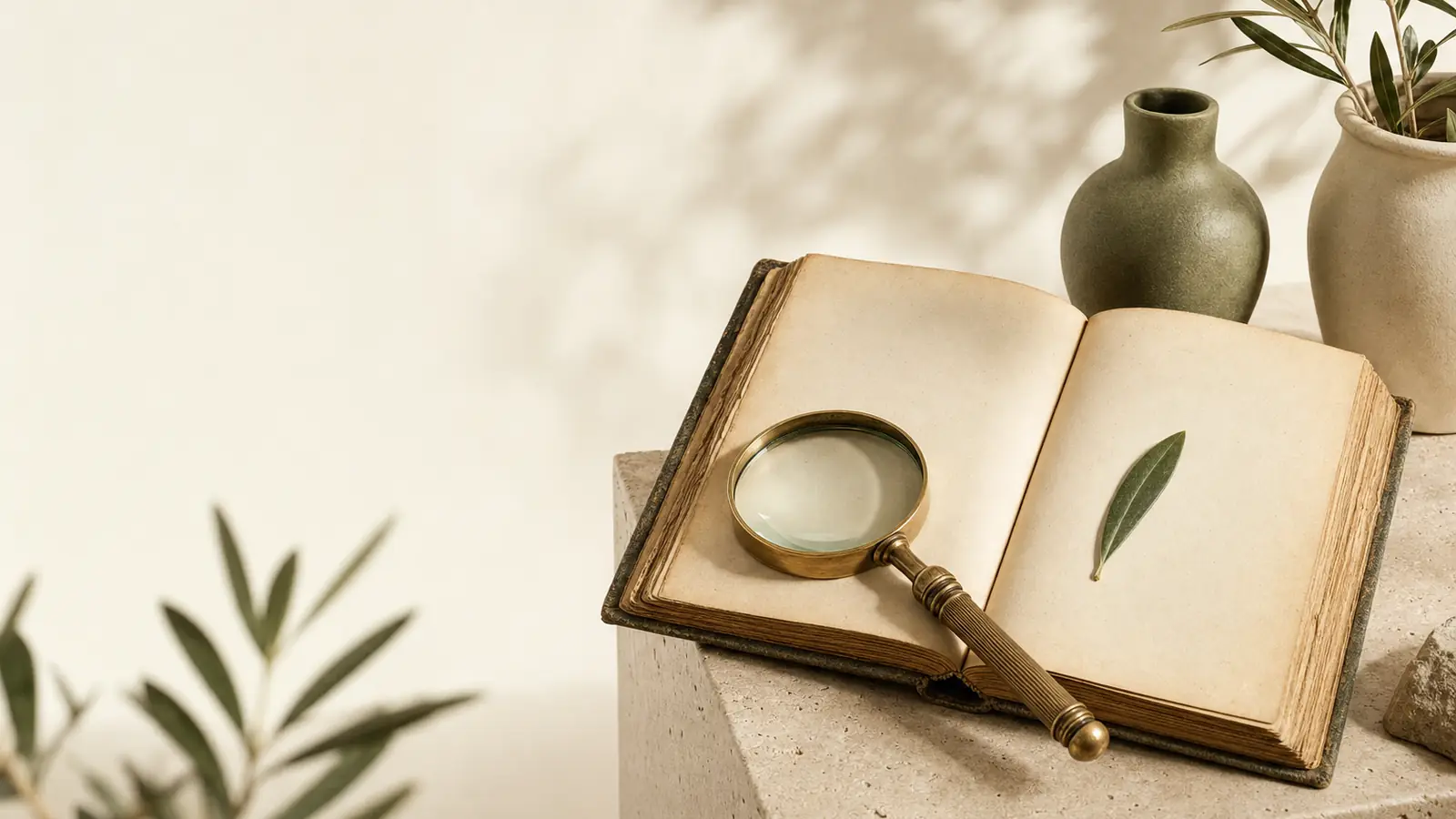 Aufgeschlagenes Buch mit leeren Seiten, Messinglupe und gepresstes Olivenblatt