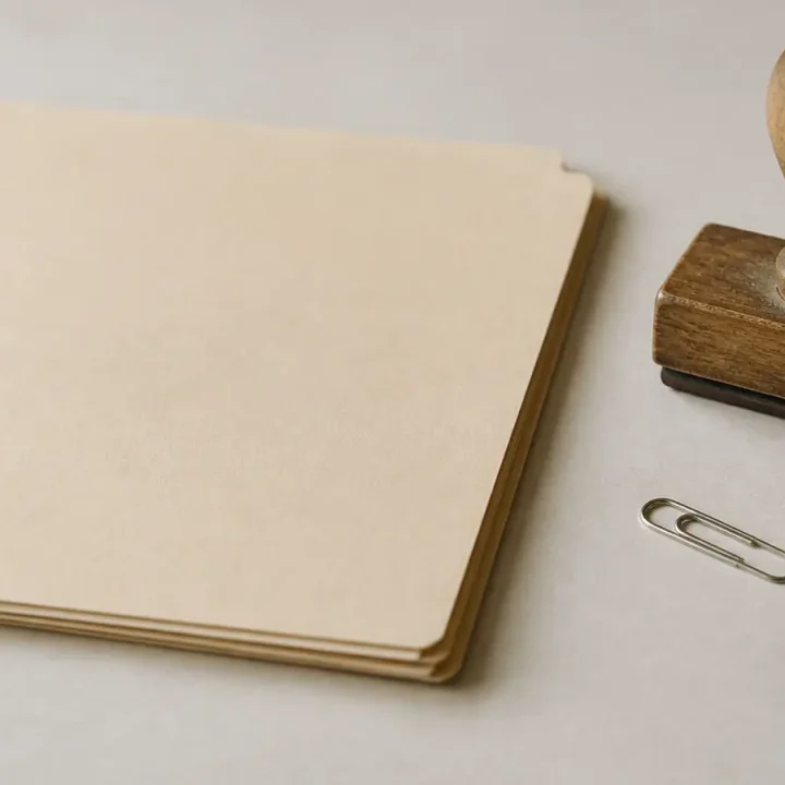Eine helle Aktenmappe, ein Holzstempel und eine Büroklammer auf einer hellen Schreibtischfläche