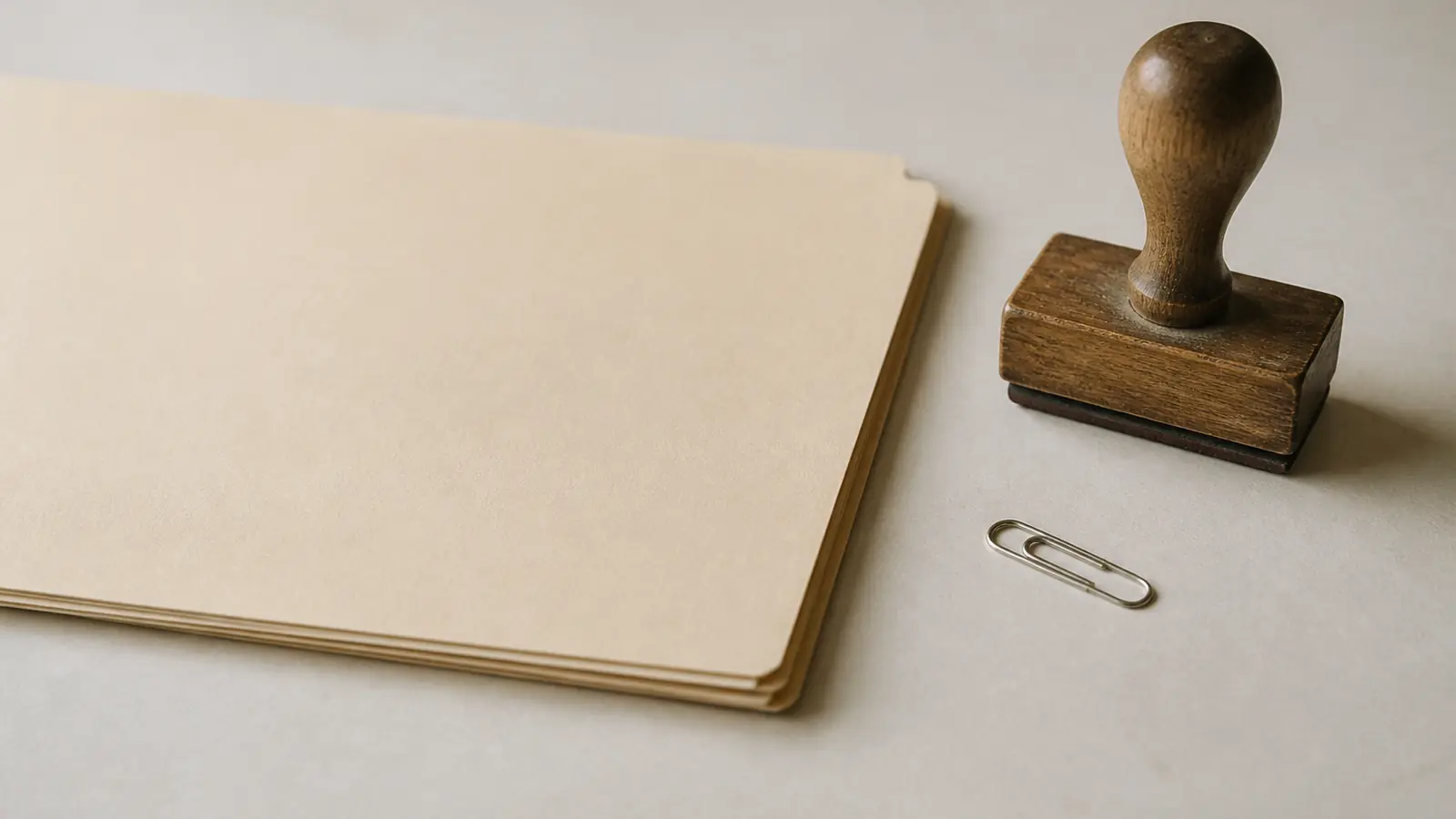 Eine helle Aktenmappe, ein Holzstempel und eine Büroklammer auf einer hellen Schreibtischfläche